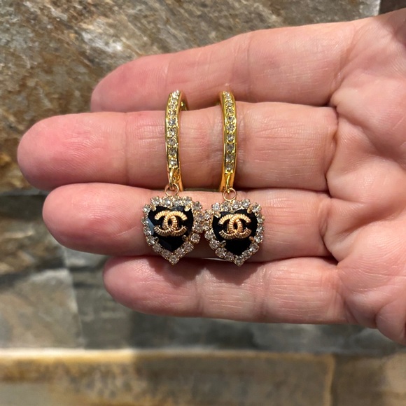 Jewelry - Gold-Tone Heart Drop Earrings with Black Enamel and Crystals